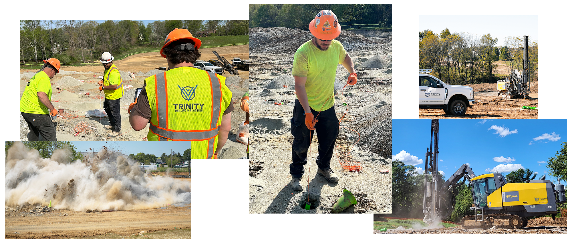 collage of various Trinity images including drilling machines, teamwork and in action blasting onsite.