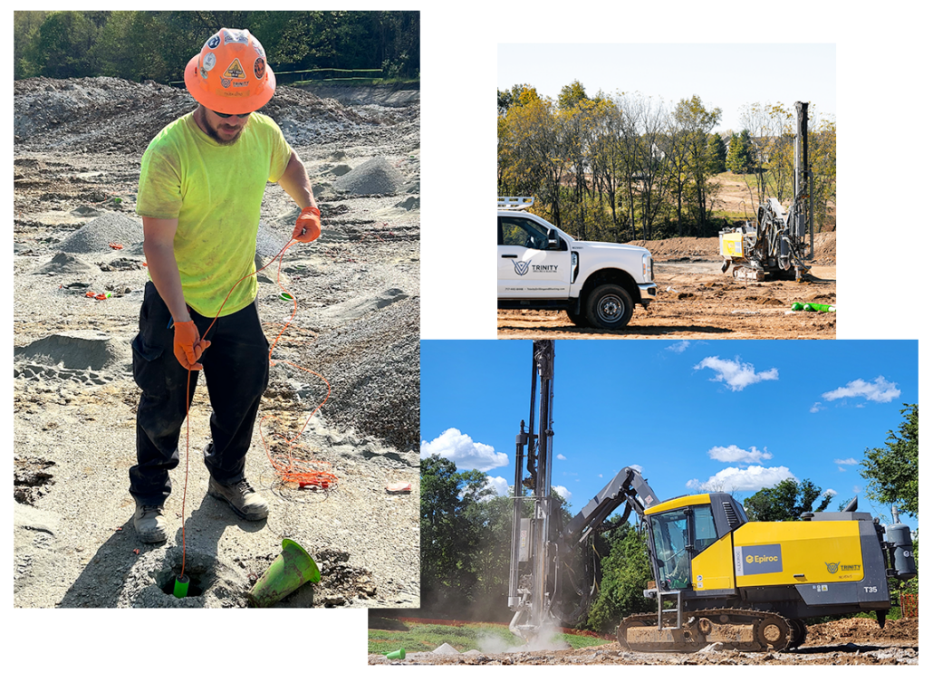 Photo collage of various Trinity images including drilling and blasting work.