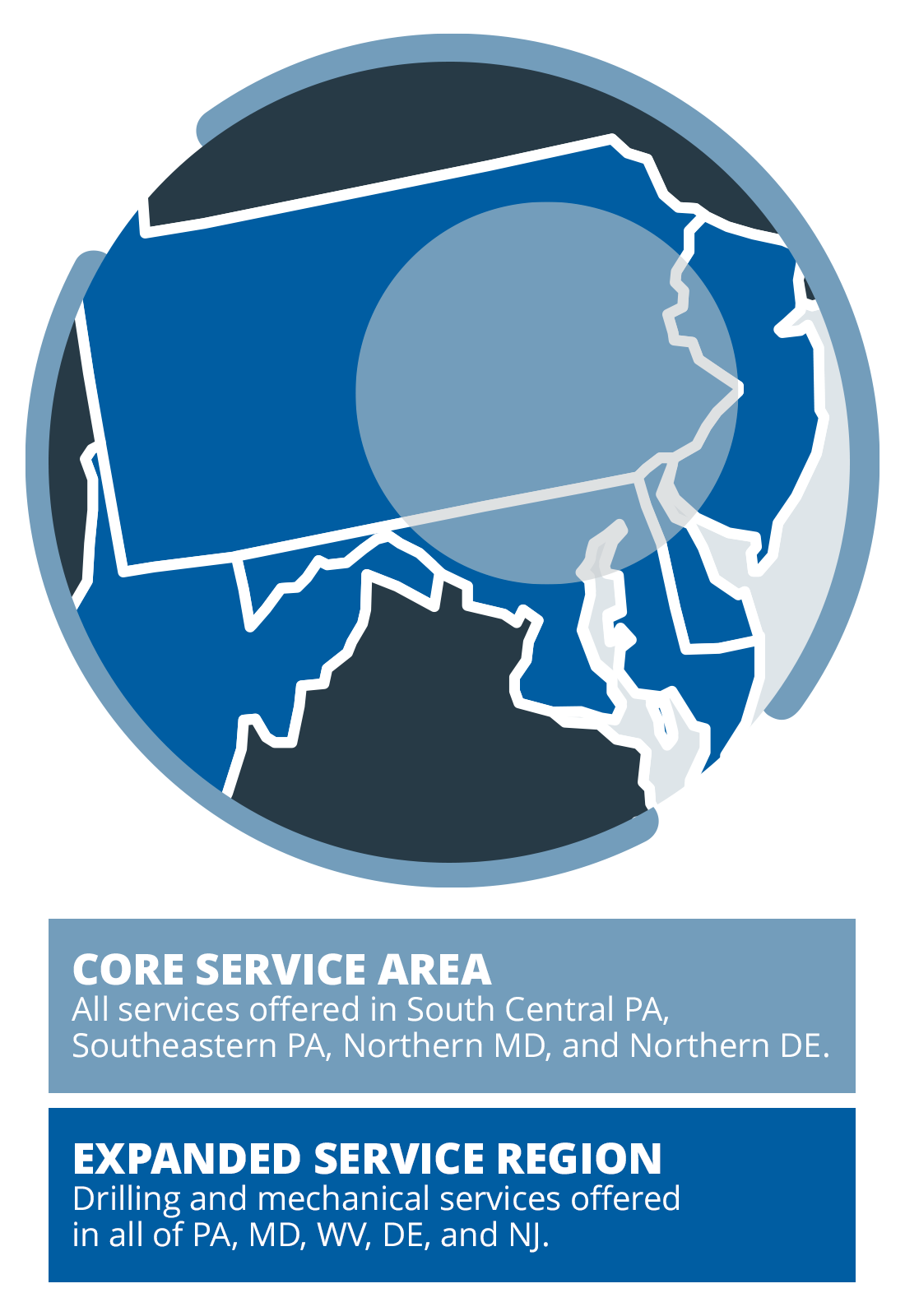 Map of the Mid-Atlantic region showing the core and expanded service areas that Trinity serves in PA, MD, DE, WV and NJ.