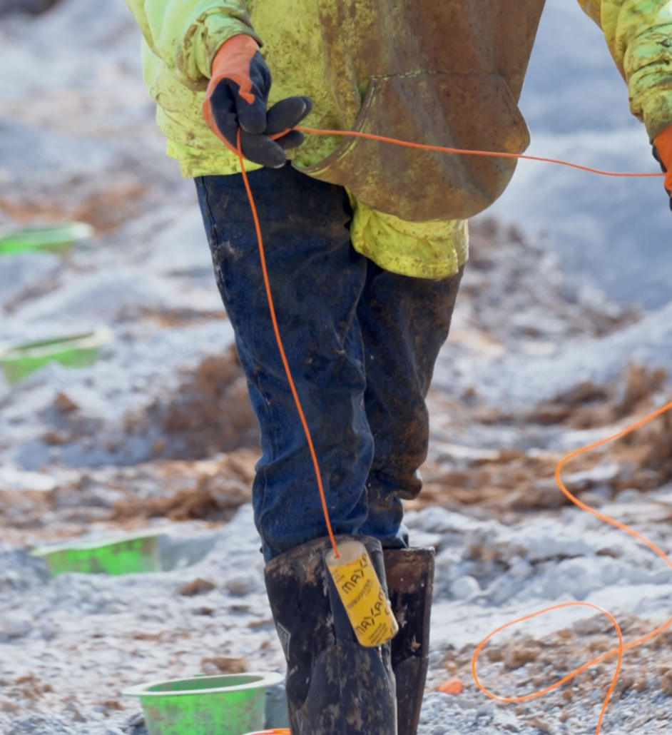 trinity-blasting-lowering Worker in a muddy field wearing a green jacket and gloves, holding an orange cable. Green buckets in the background. Rain boots show labels.